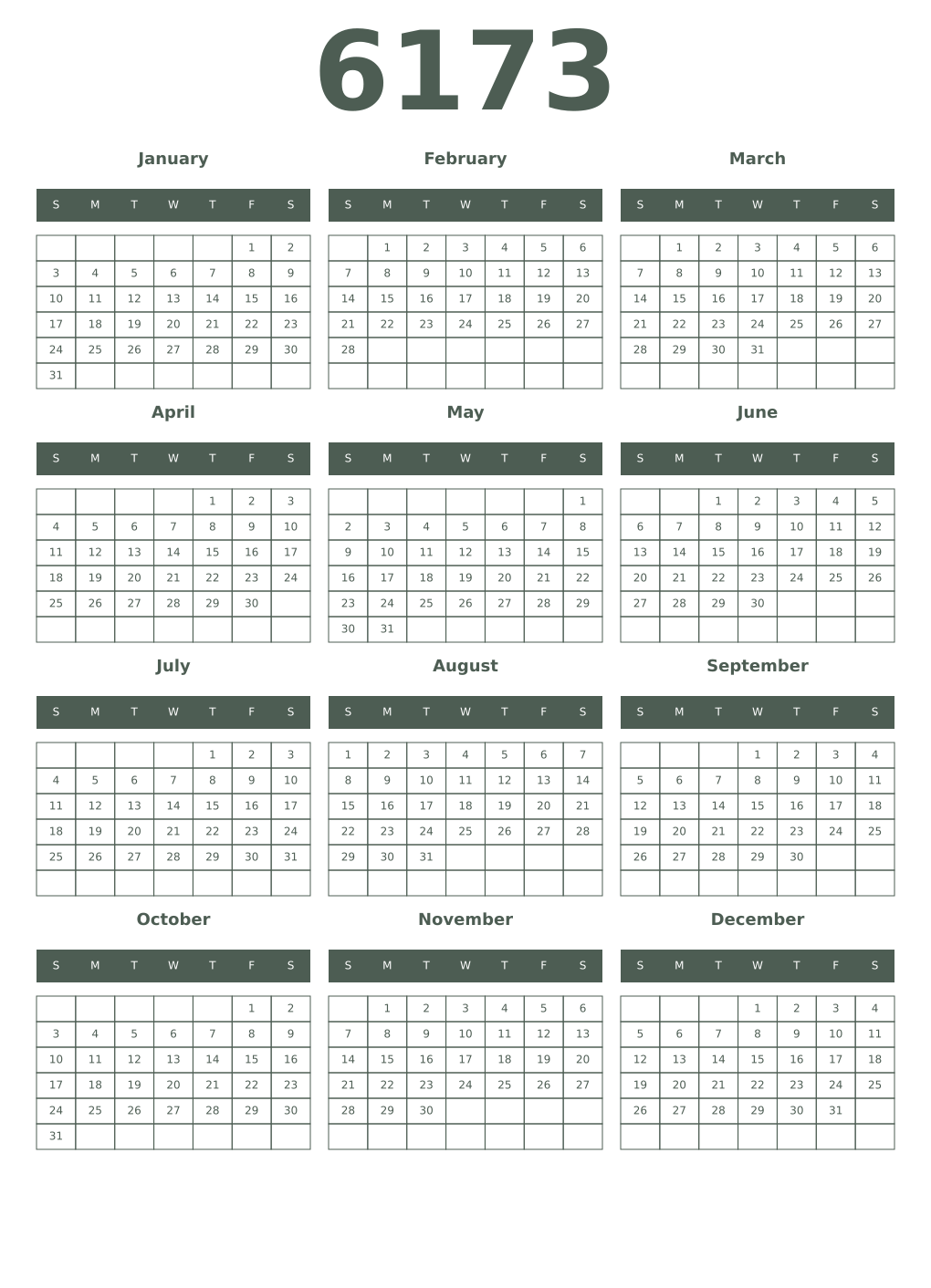 Printable 6173 Year Calendars feldgrau