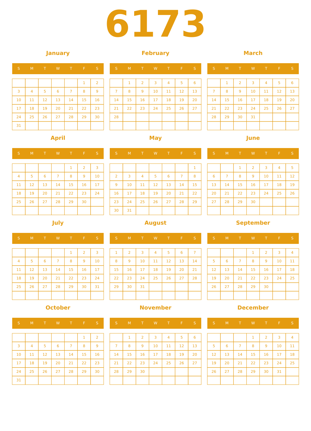 Printable 6173 Year Calendars gamboge