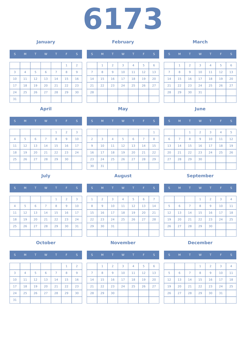 Printable 6173 Year Calendars glaucous