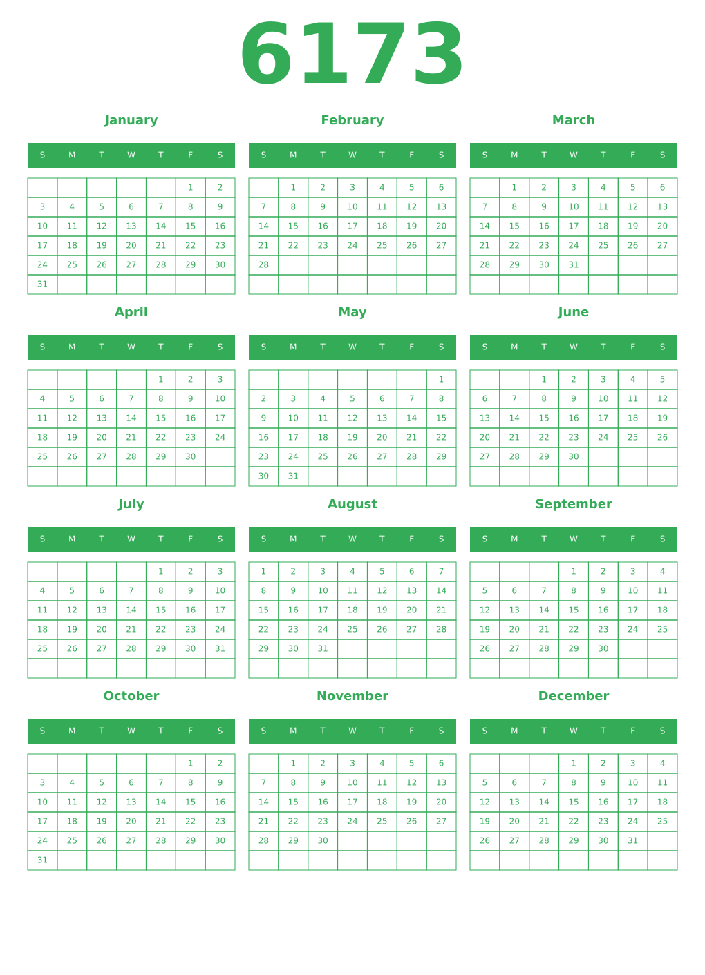 Printable 6173 Year Calendars green