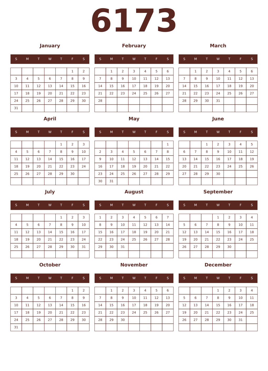 Printable 6173 Year Calendars mortuum