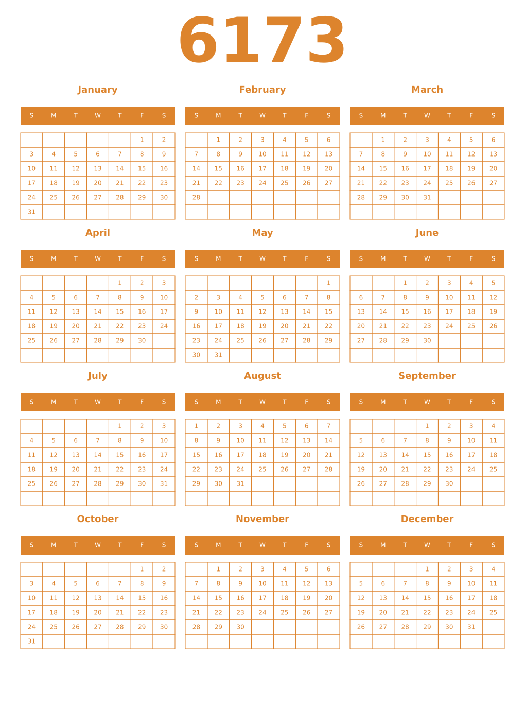 Printable 6173 Year Calendars orange
