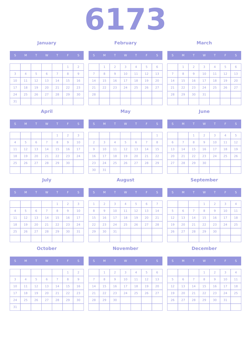 Printable 6173 Year Calendars periwinkle