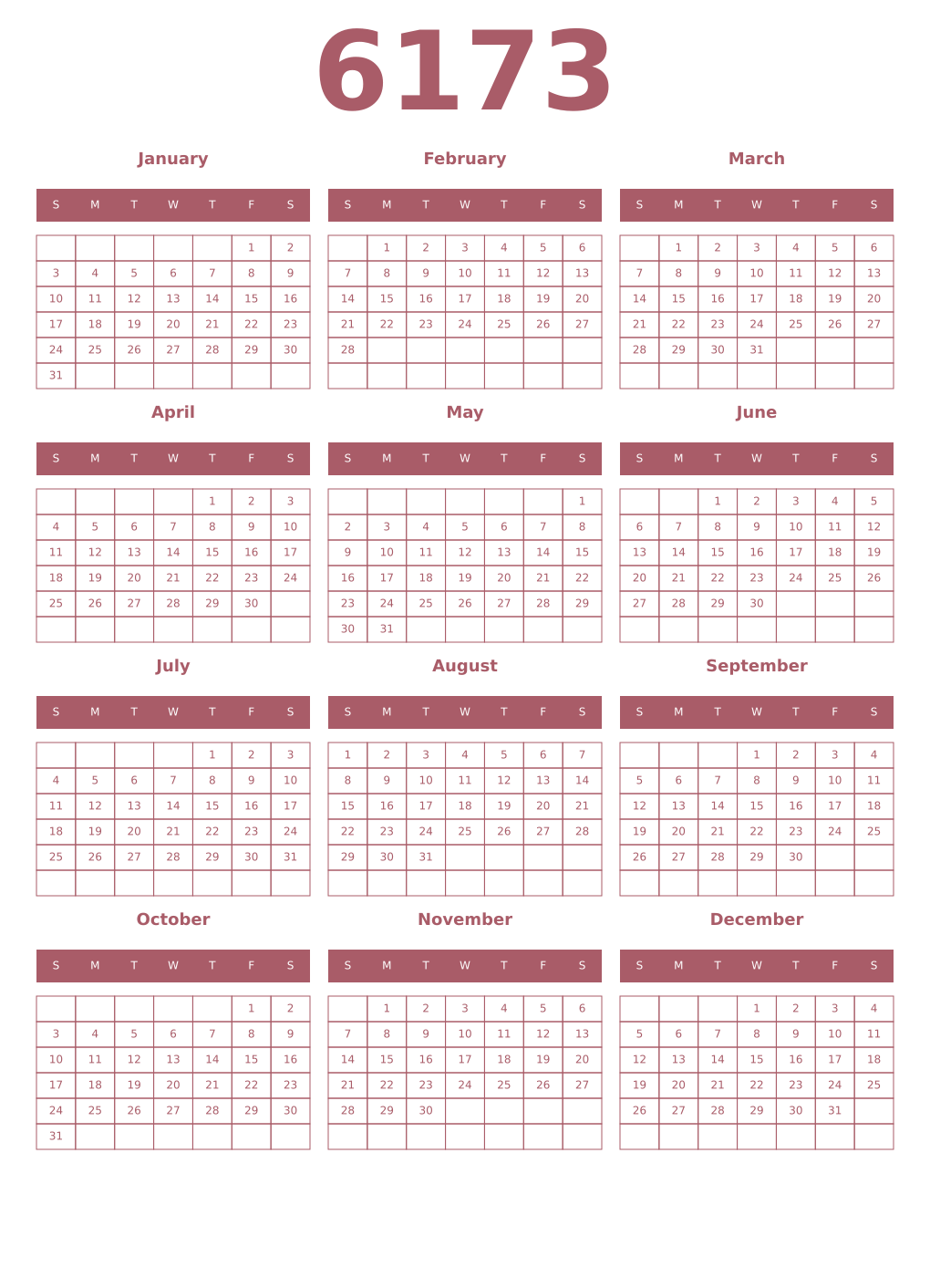 Printable 6173 Year Calendars puce