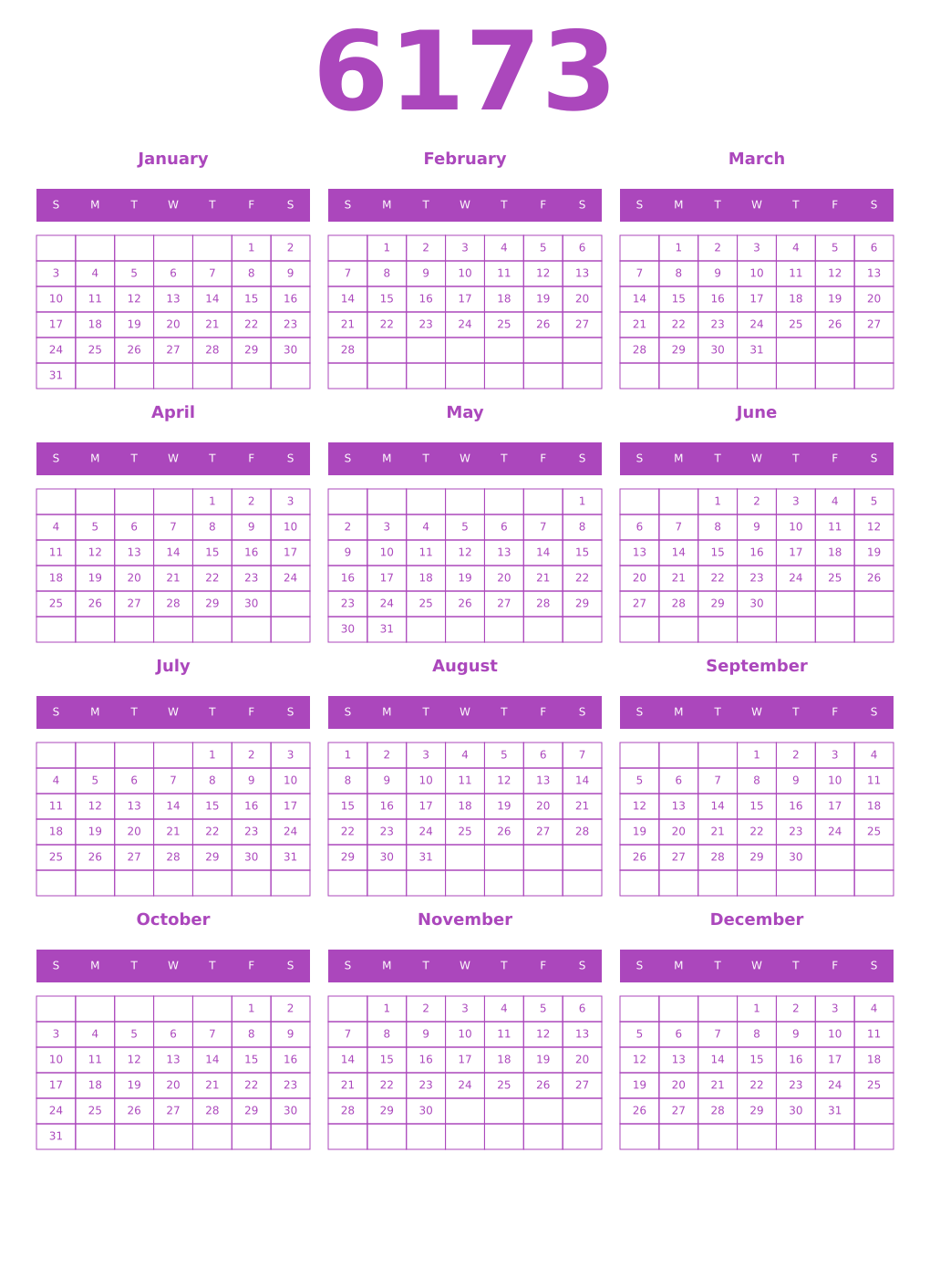 Printable 6173 Year Calendars purple
