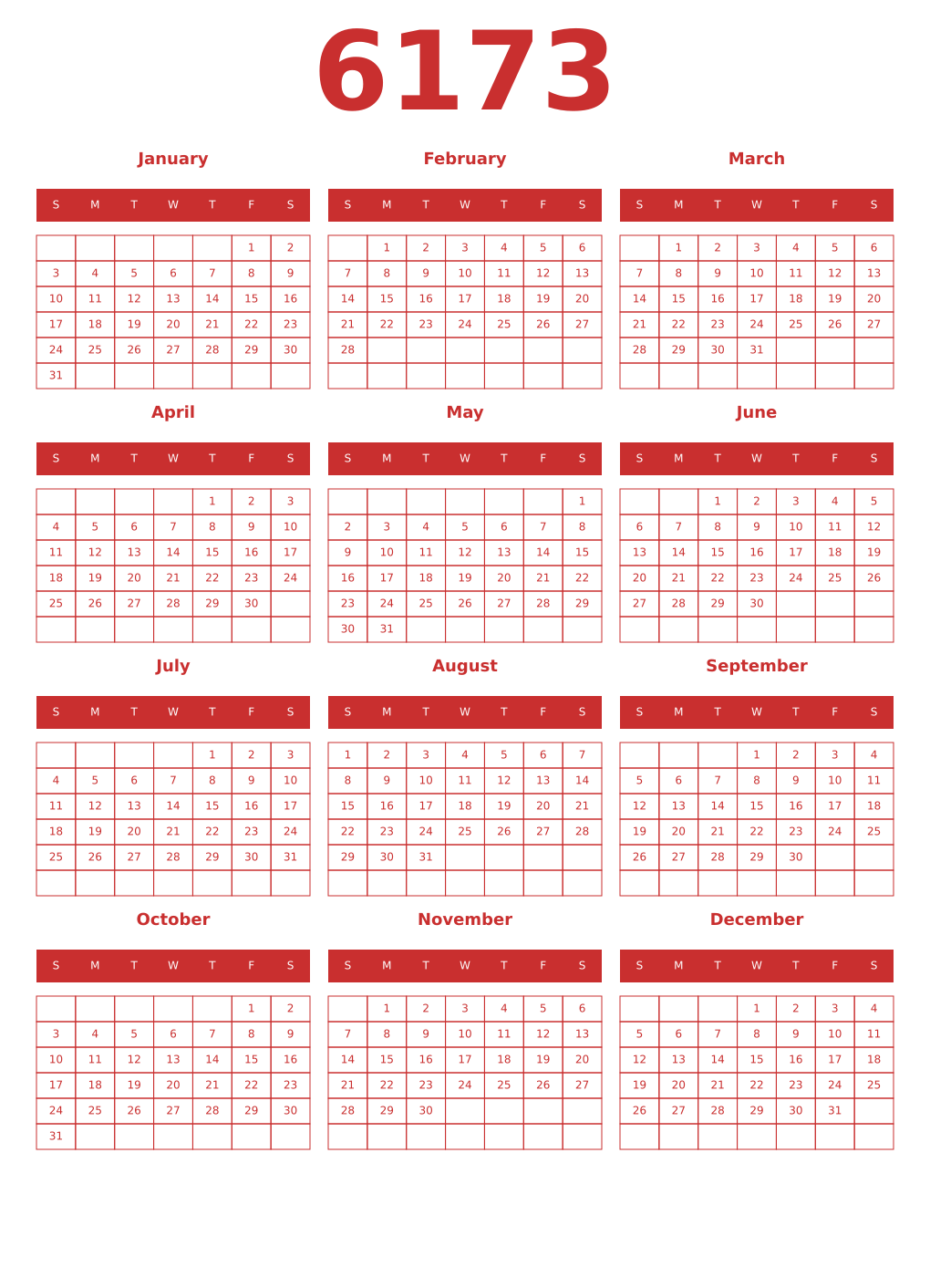 Printable 6173 Year Calendars red