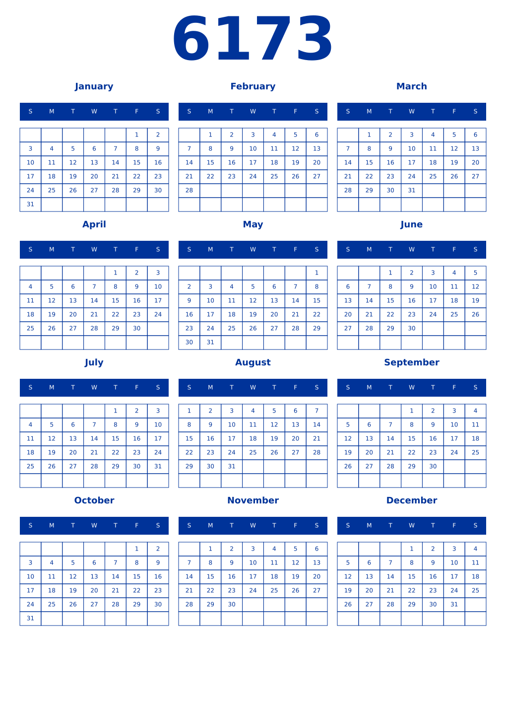 Printable 6173 Year Calendars smalt