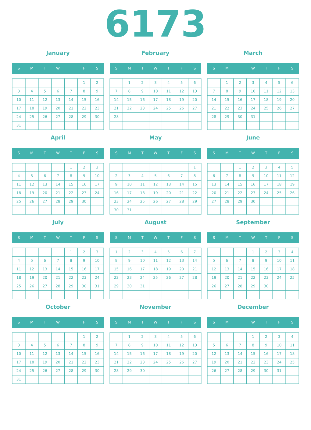 Printable 6173 Year Calendars verdigris