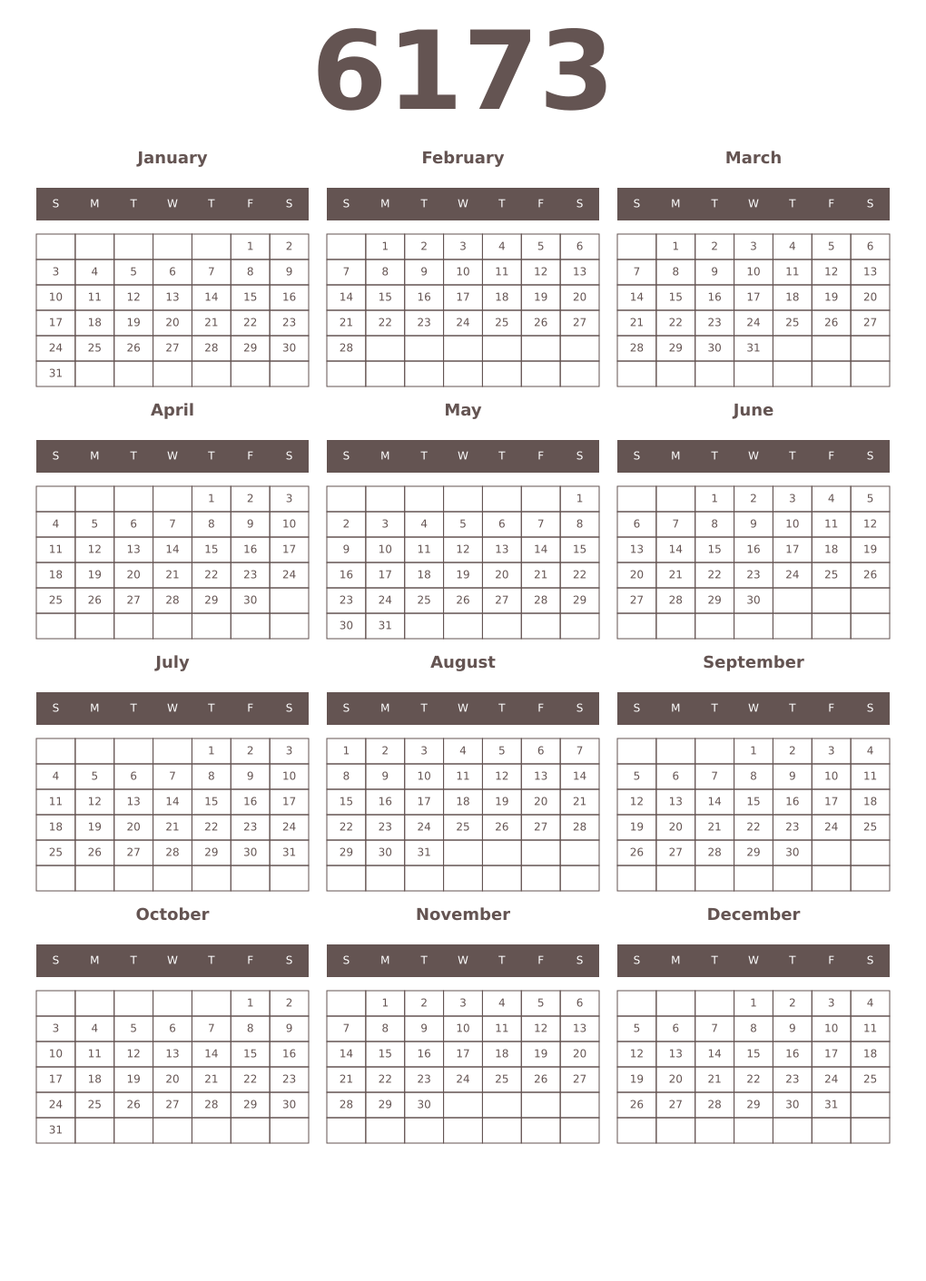 Printable 6173 Year Calendars wenge