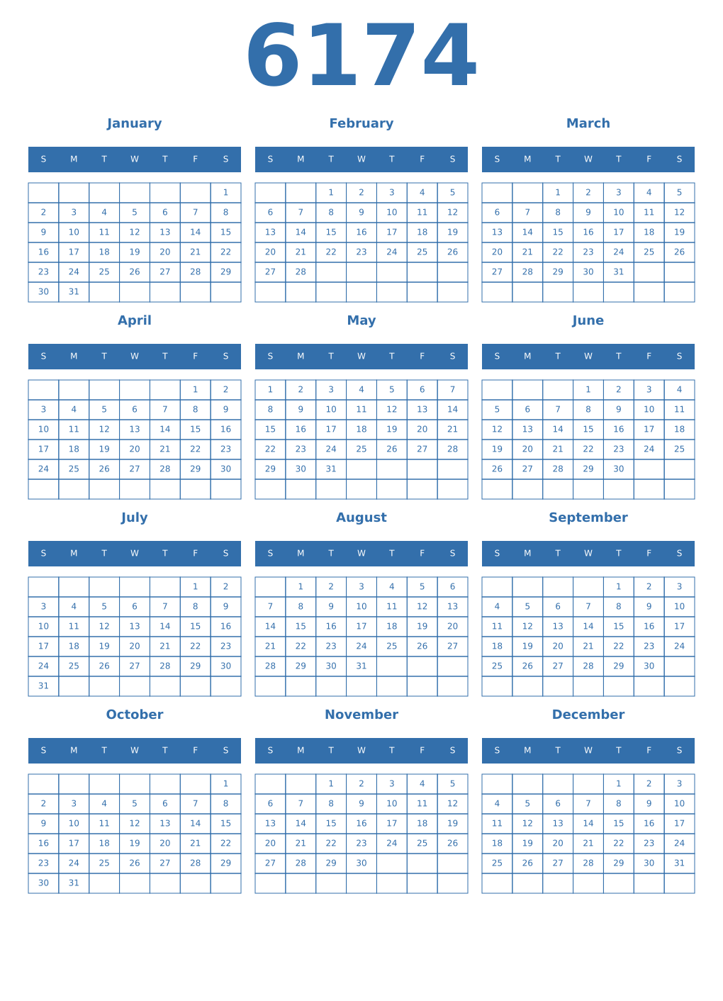 Printable 6174 Year Calendars blue