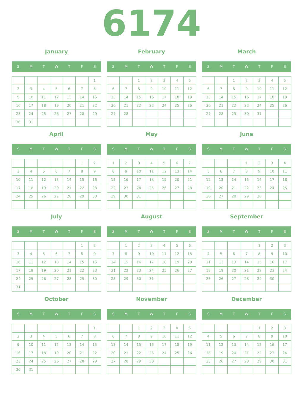 Printable 6174 Year Calendars celadon