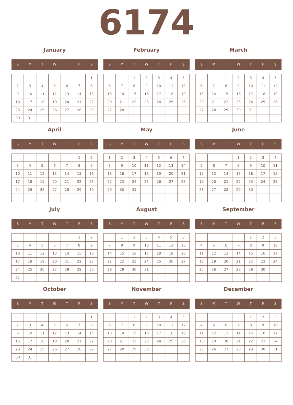 Printable 6174 Year Calendars coffe