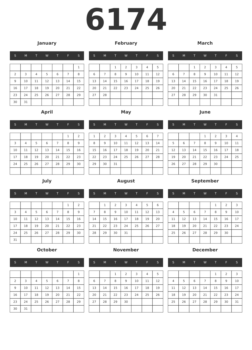 Printable 6174 Year Calendars dark