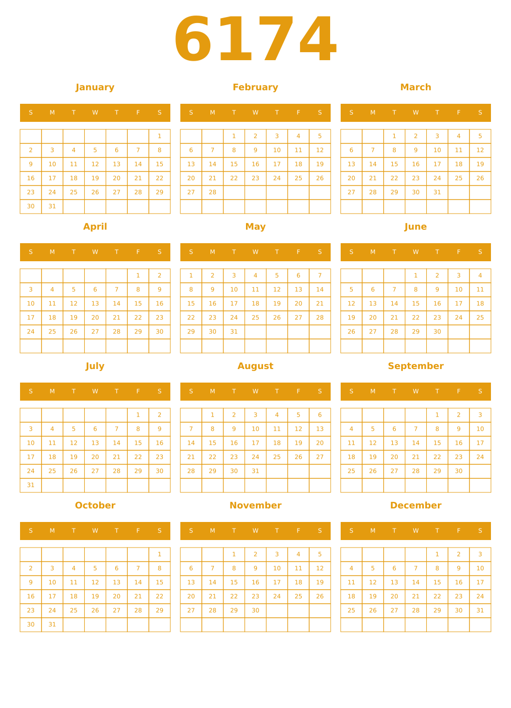 Printable 6174 Year Calendars gamboge