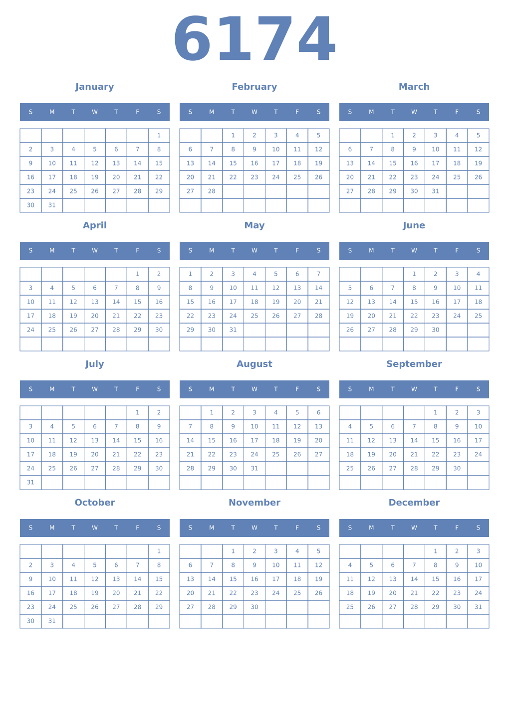 Printable 6174 Year Calendars glaucous