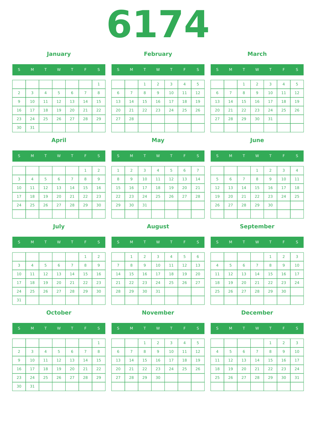 Printable 6174 Year Calendars green