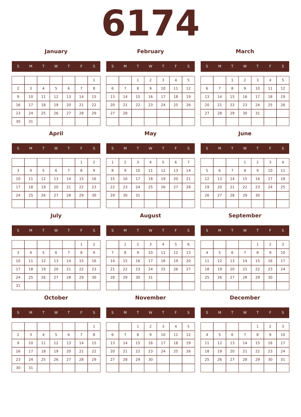 Printable 6174 Year Calendars mortuum