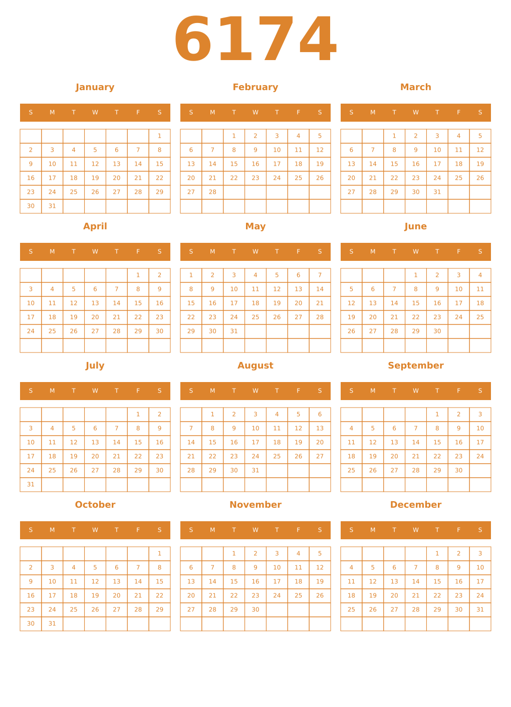 Printable 6174 Year Calendars orange