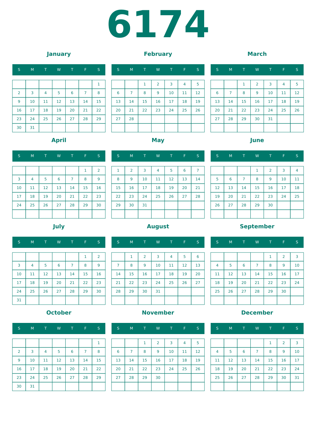 Printable 6174 Year Calendars pastel