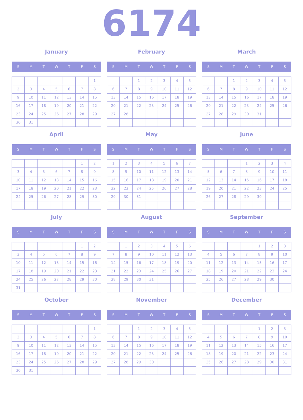 Printable 6174 Year Calendars periwinkle