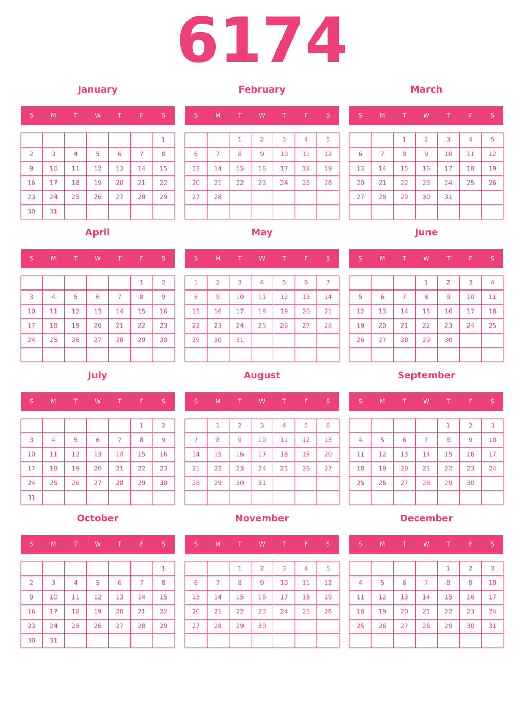 Printable 6174 Year Calendars pink