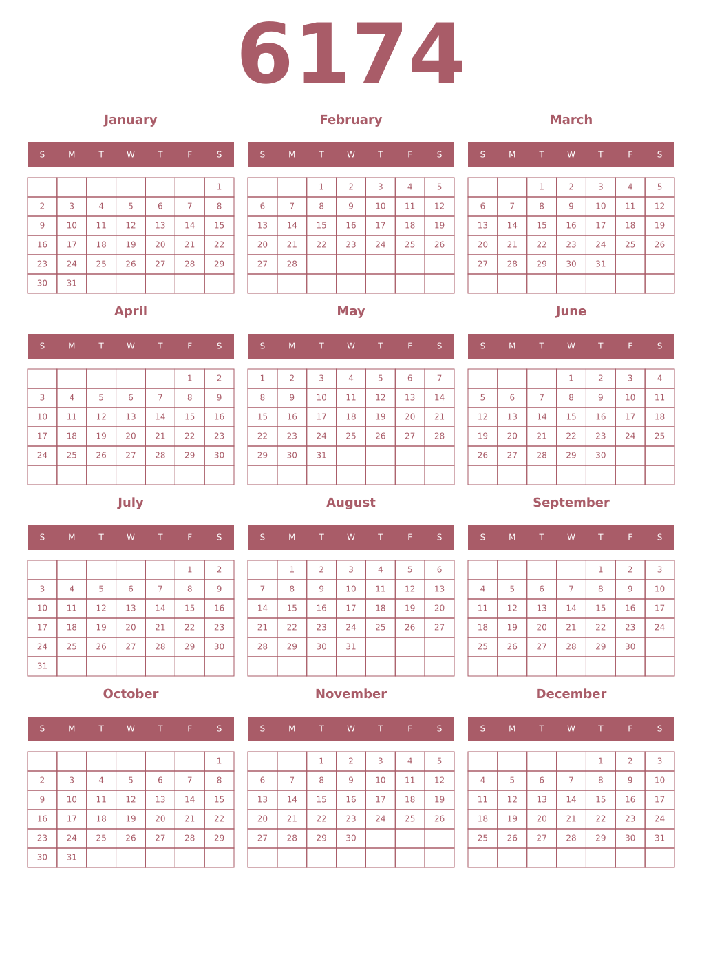 Printable 6174 Year Calendars puce