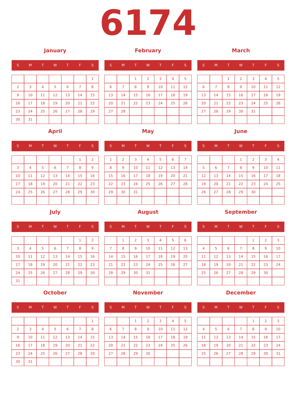 Printable 6174 Year Calendars red