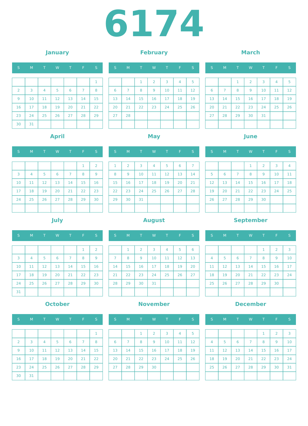 Printable 6174 Year Calendars verdigris