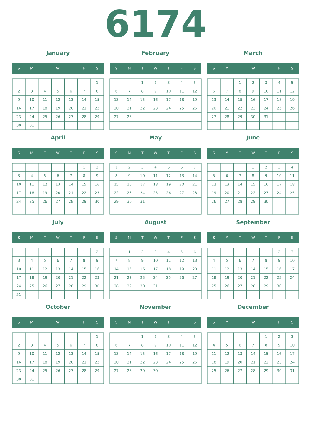 Printable 6174 Year Calendars viridian