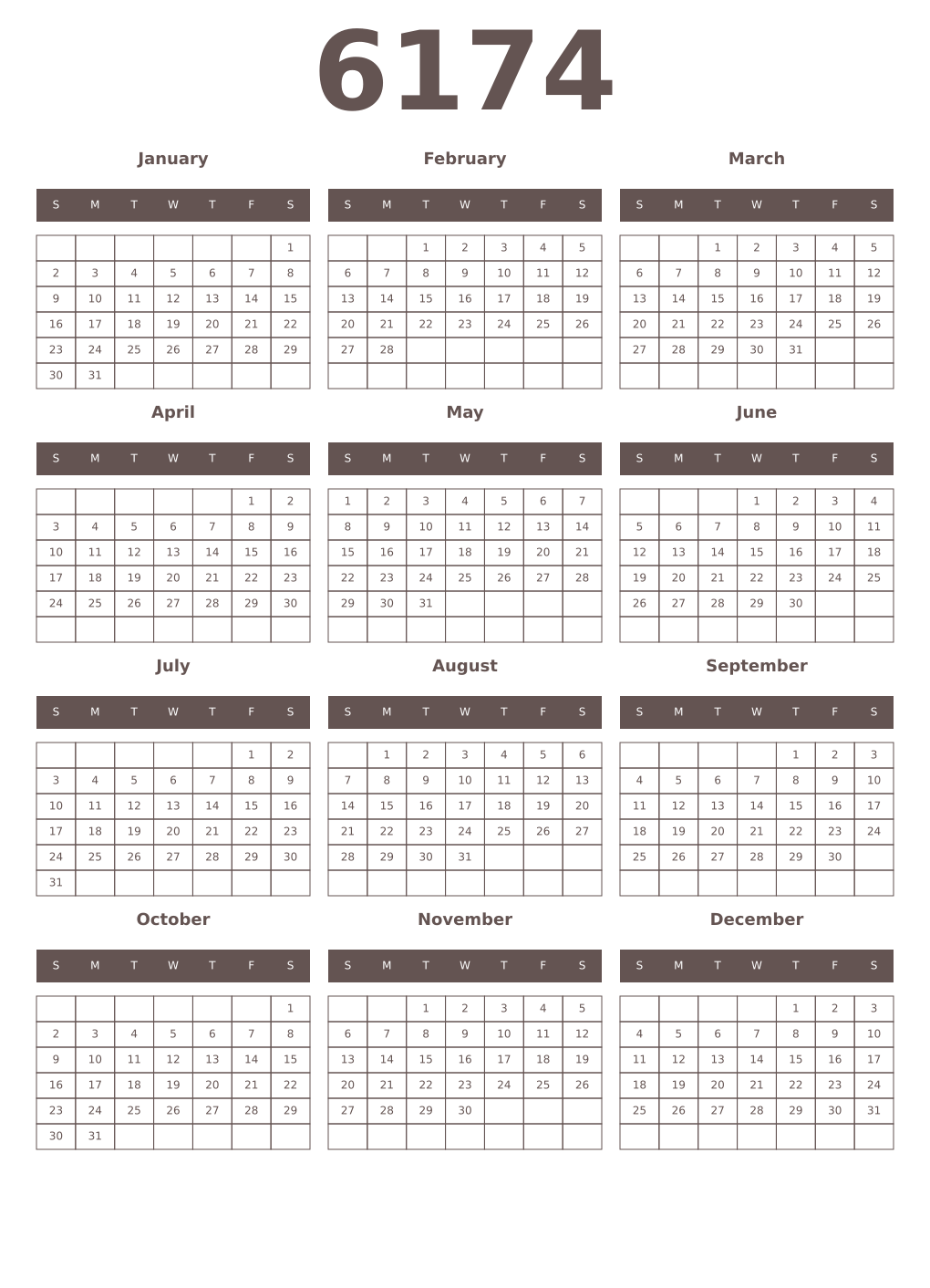 Printable 6174 Year Calendars wenge