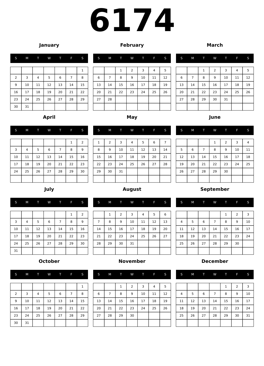 Printable 6174 Calendars