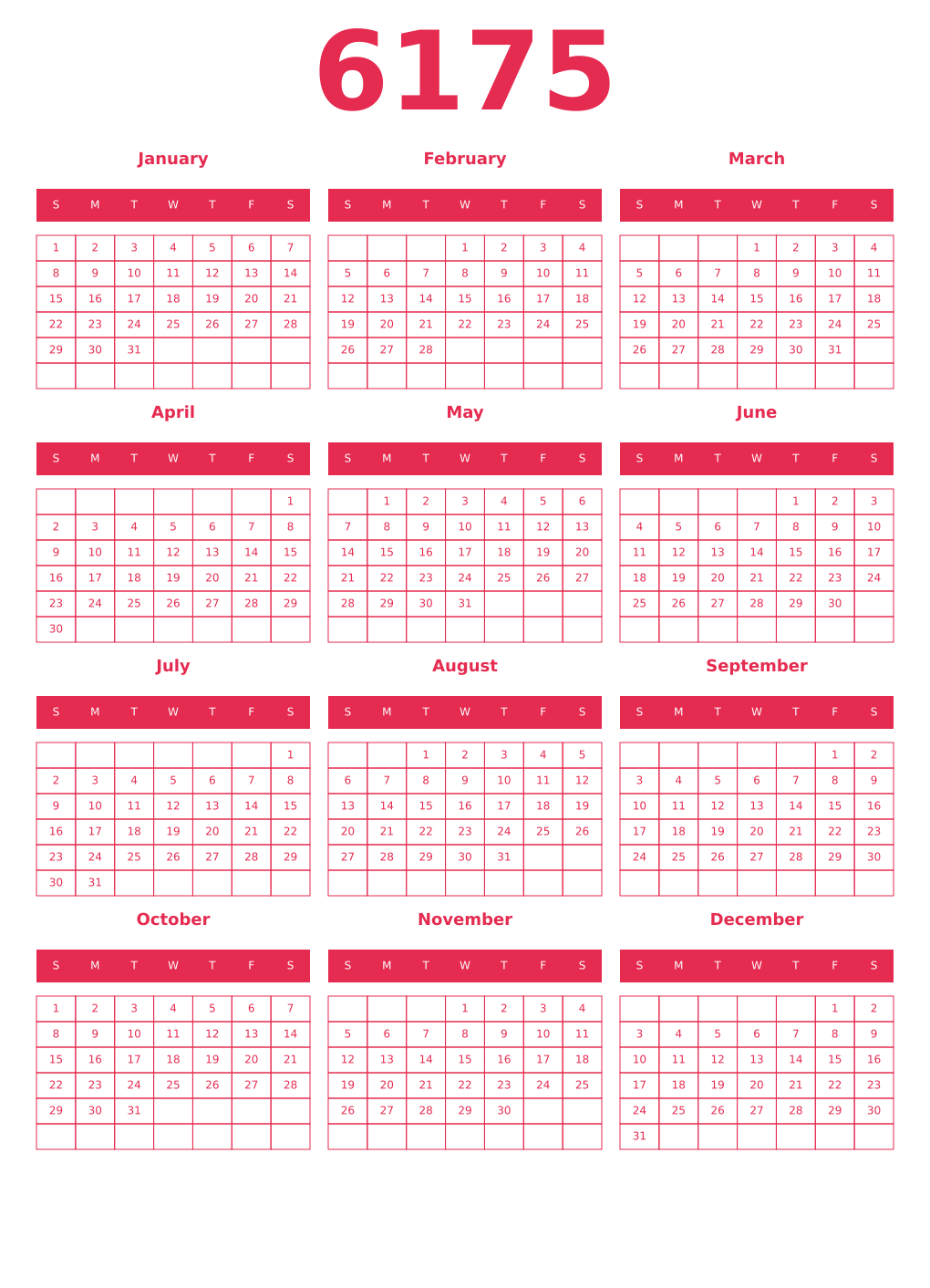 Printable 6175 Year Calendars amaranth