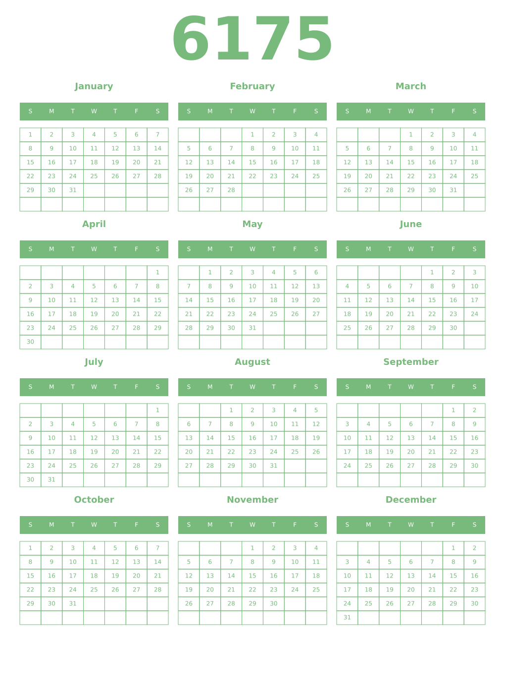 Printable 6175 Year Calendars celadon