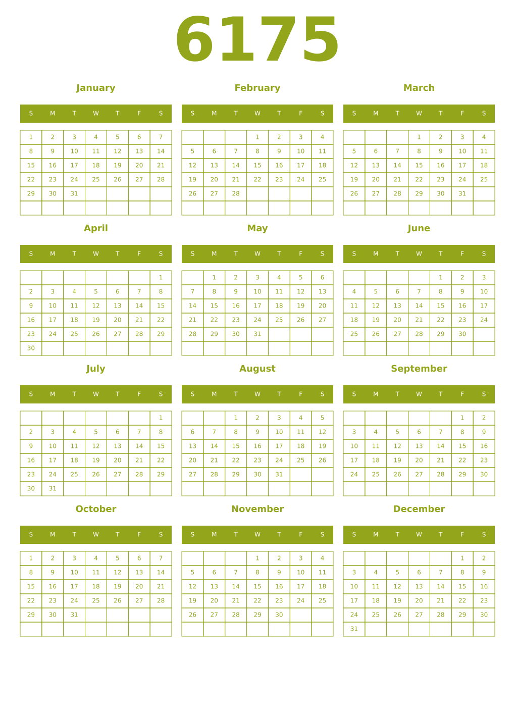 Printable 6175 Year Calendars chartreuse