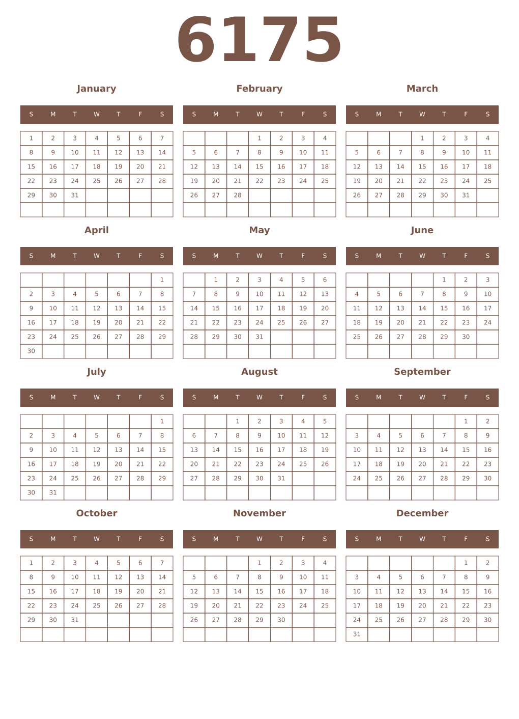 Printable 6175 Year Calendars coffe