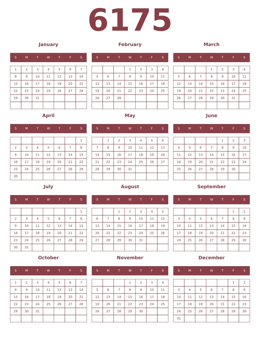 Printable 6175 Year Calendars cordovan