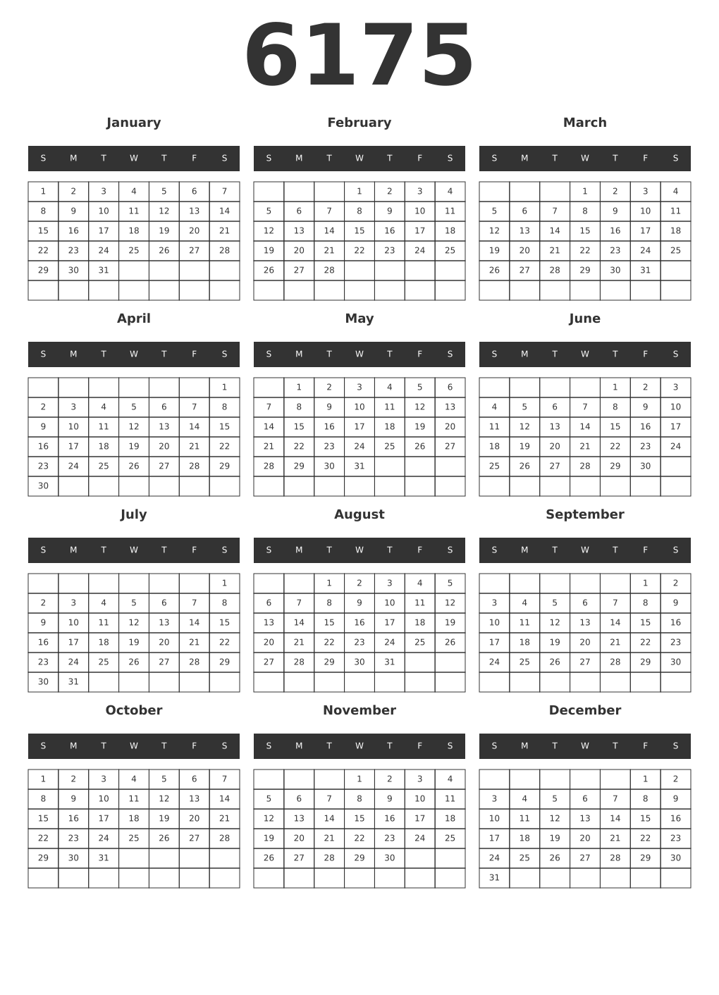 Printable 6175 Year Calendars dark