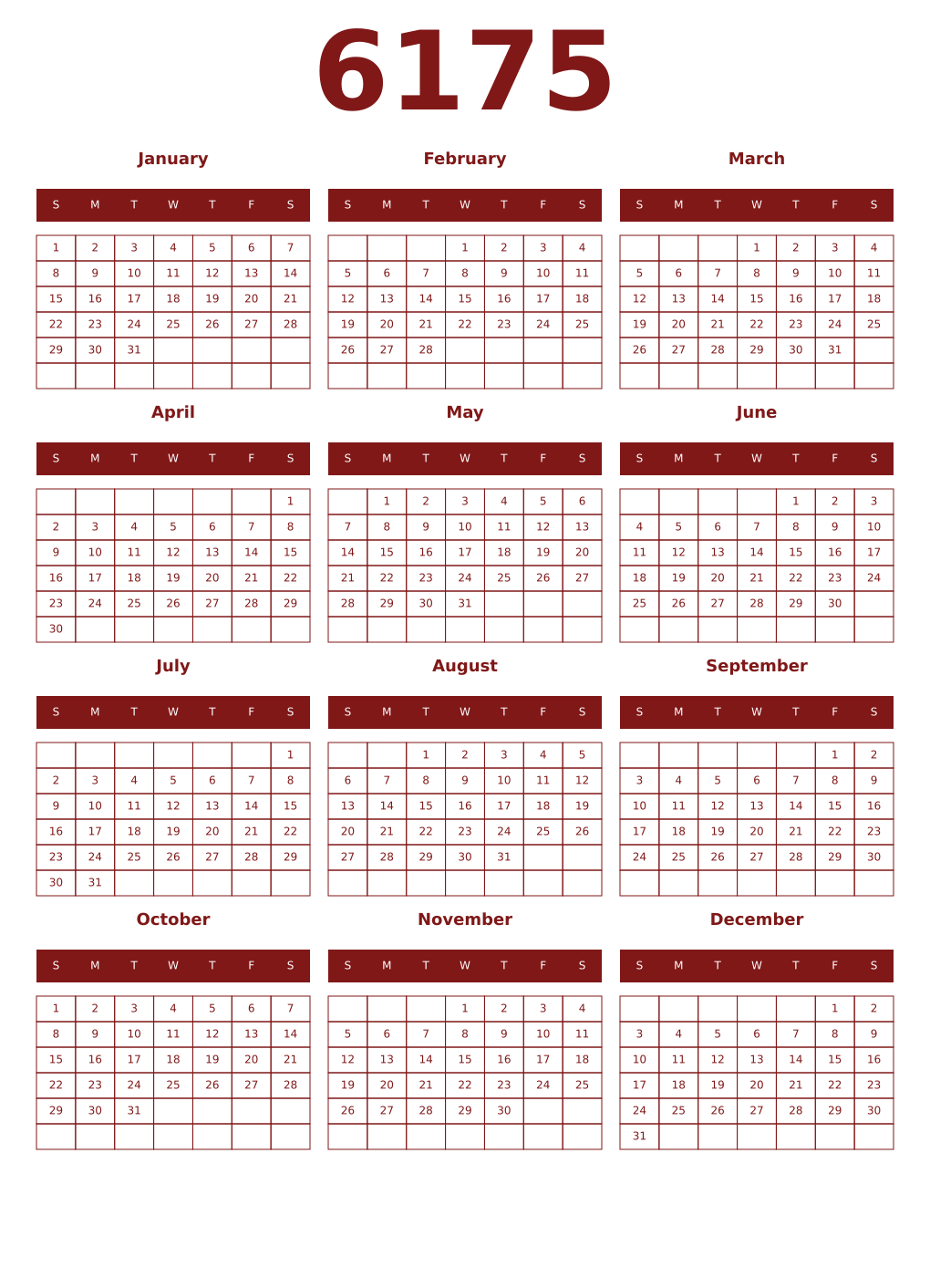 Printable 6175 Year Calendars falu