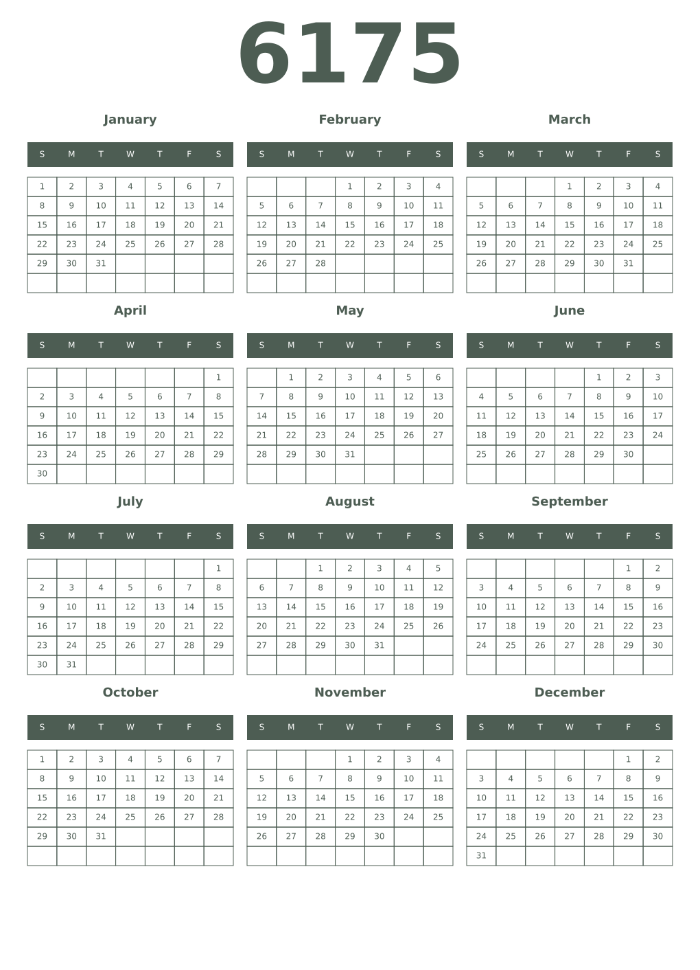 Printable 6175 Year Calendars feldgrau