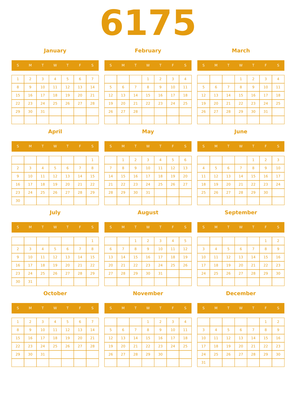 Printable 6175 Year Calendars gamboge