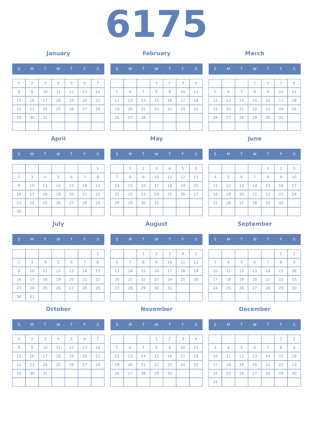 Printable 6175 Year Calendars glaucous