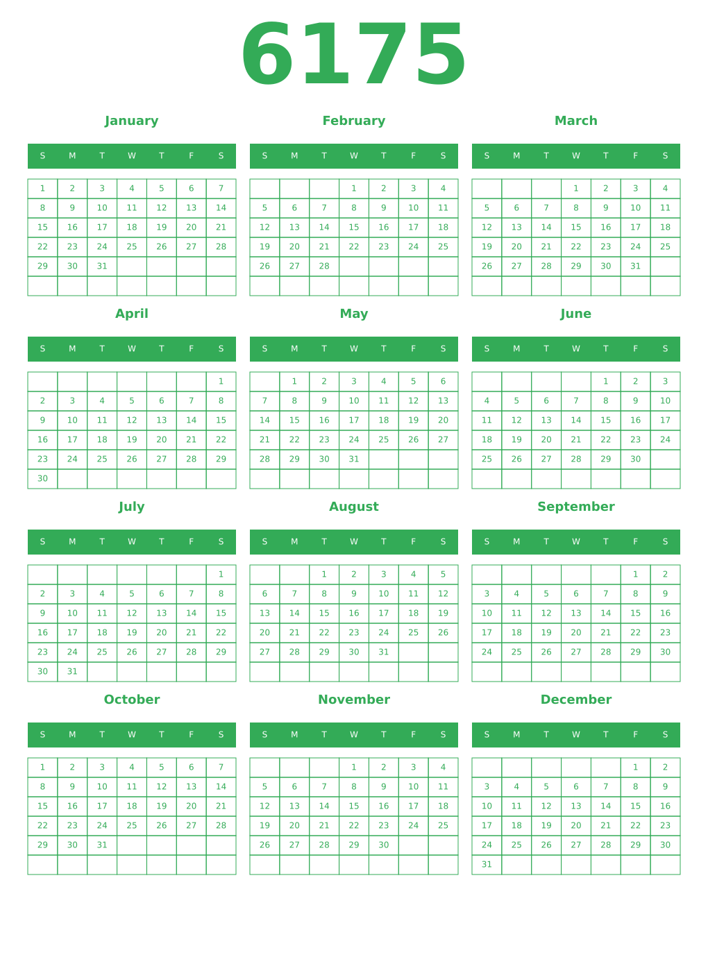 Printable 6175 Year Calendars green