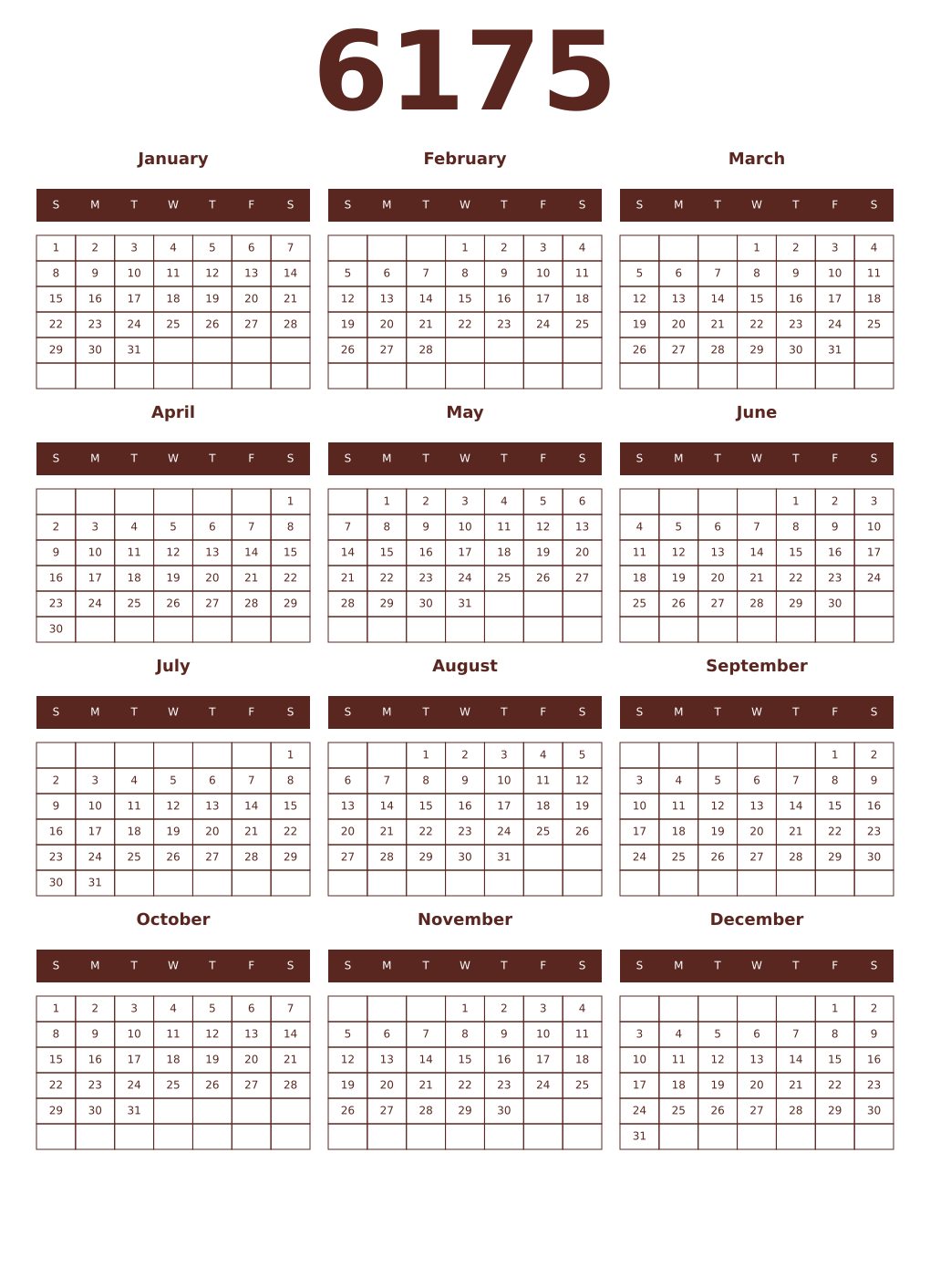 Printable 6175 Year Calendars mortuum