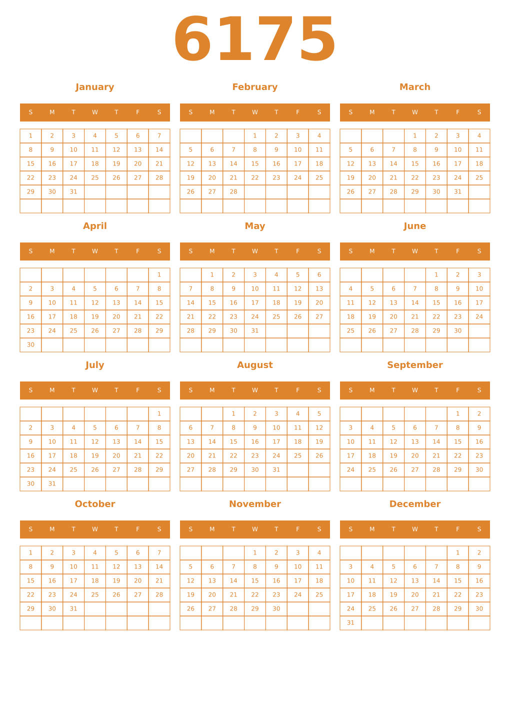 Printable 6175 Year Calendars orange