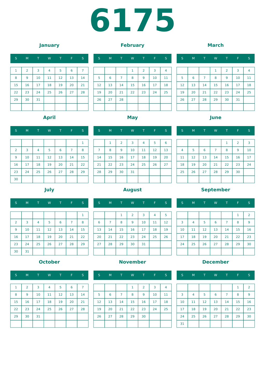 Printable 6175 Year Calendars pastel