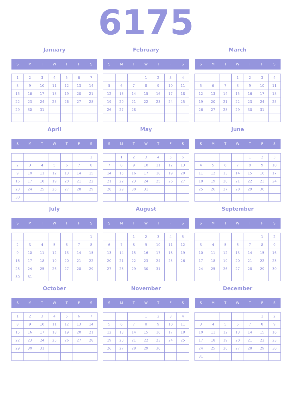 Printable 6175 Year Calendars periwinkle