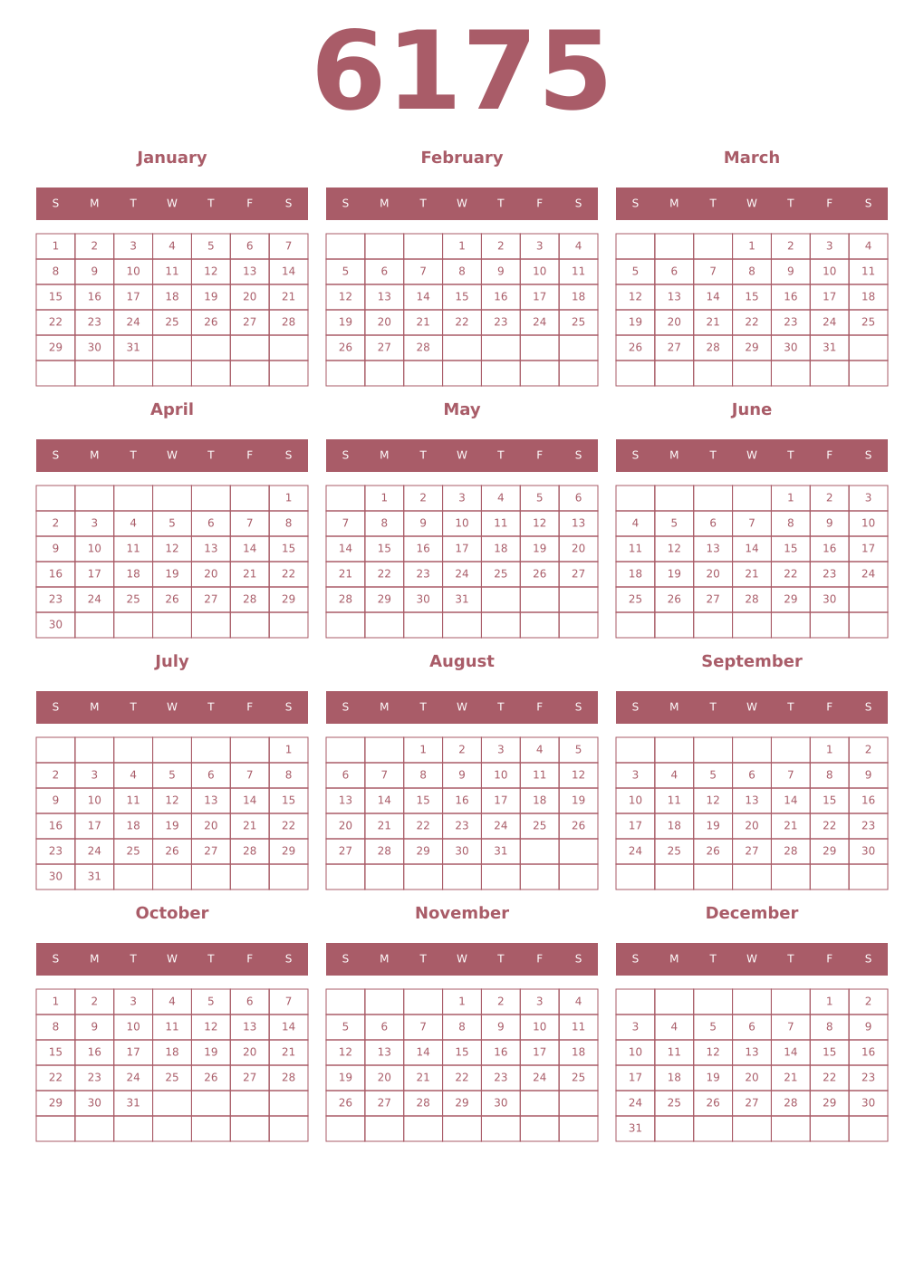 Printable 6175 Year Calendars puce