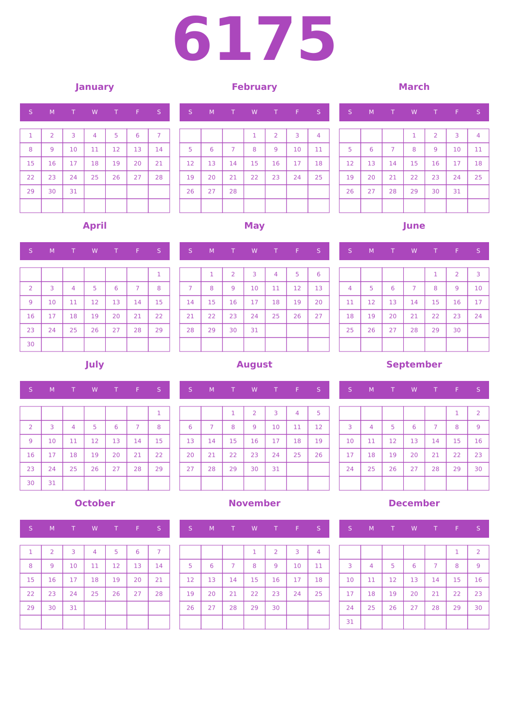 Printable 6175 Year Calendars purple