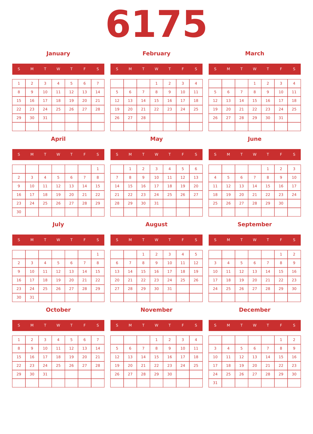 Printable 6175 Year Calendars red