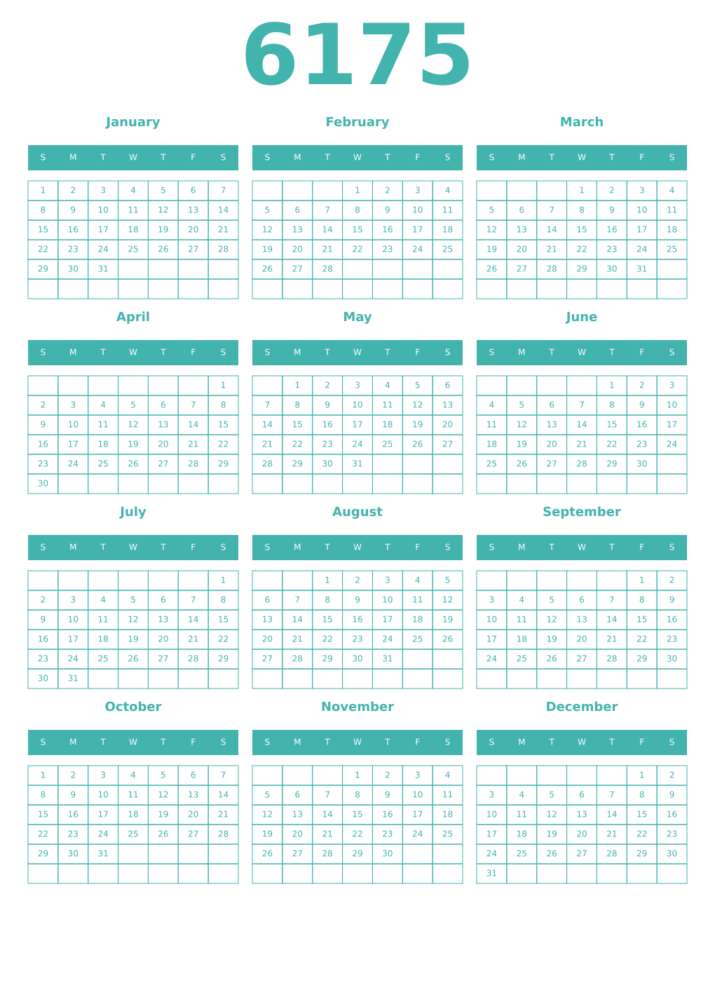 Printable 6175 Year Calendars verdigris